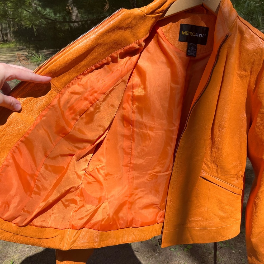 Y2K Metro Style Neon Orange Racing 100% Genuine Leather Jacket Women’s Size L - Picture 15 of 16